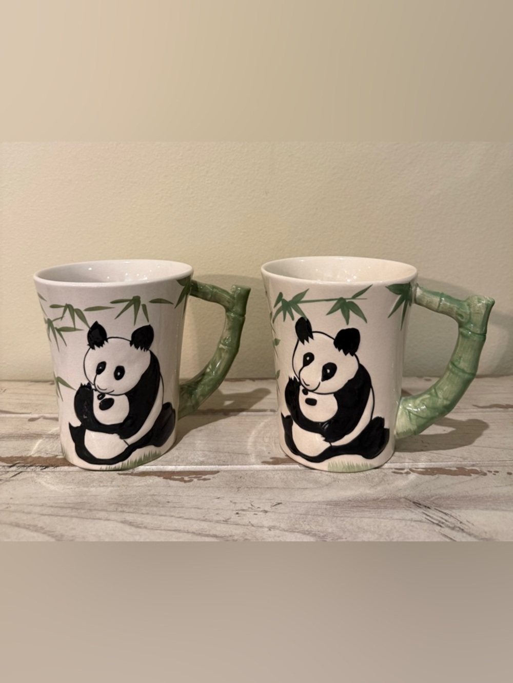 Pair of Pier 1 Panda Bear Mugs with 3D Bamboo Handles - Hand-Painted Stoneware